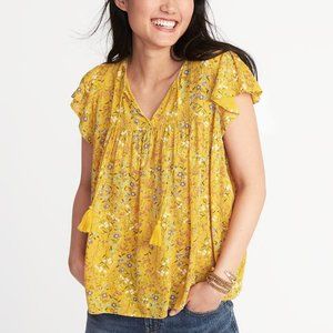 Yellow Floral Blouse with Tassel Tie Neckline